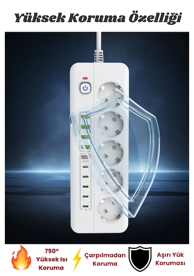 Pro P13 3000w Akım Korumalı 5 Girişli Type-c Ve Usb Girişli Uzatmalı Grup Priz 0.2 M