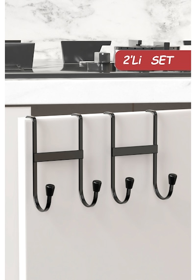 2 Adet Dolap Kapağı Askılığı Çift Kancalı Düzenleyici Mutfak Askısı Metal Askılık Organizer Siyah Siyah