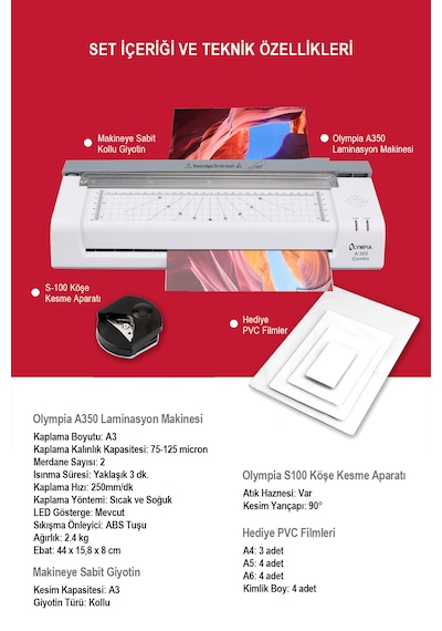 Olympia A350 Combo A3 Laminasyon Makinesi + 15 PVC Filmi