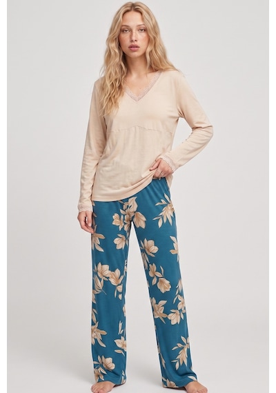 Siyah İnci Dantelli Viskon Örme Pijama Takım 8021 Ten Uzun Kol Pijama
