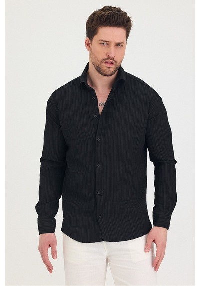 Tarz Cool Erkek Kendinden Çizgi Detaylı Slim Fit Dar Kalıp Uzun Kol Gömlek Siyah