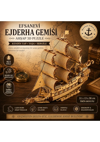 Ejderha Gemisi Ahşap Maket Seti Dıy 3d Puzzle Yelkenli Gemi Koleksiyoner Modeli 823 Parça