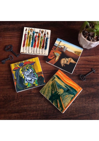 Tr Salvador Dalí Belleğin Azmi, Picasso Ağlayan Kadın, Çığlık, Yerli Kadınlar Taş Bardak Altlığı Seti - 4 P Genel