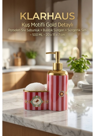 Kuş Motifli Gold Detaylı Çizgili Porselen Sıvı Sabunluk + Bulaşık Süngeri + Süngerlik Seti 500 Ml 20 X 15 X 7 Cm Kırmızı - Pembe - Gold