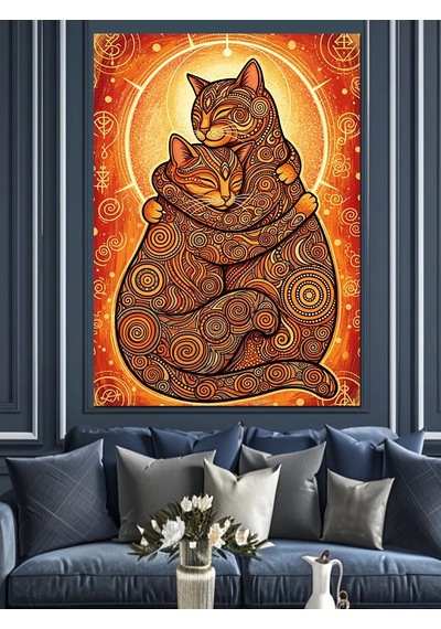 Ahşap Tablo Desenli Kedi Ve Yavrusu Sarılması