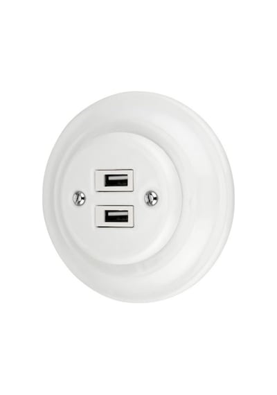 Sıva Altı Porselen Retro Usb Priz 2 Li Set Beyaz