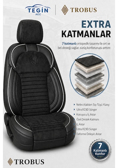 Volkswagen Caddy 2004-2020 Araca Uyumlu Premium Tay Tüyü Koltuk Kılıfı Liona Serisi Siyah Beyaz