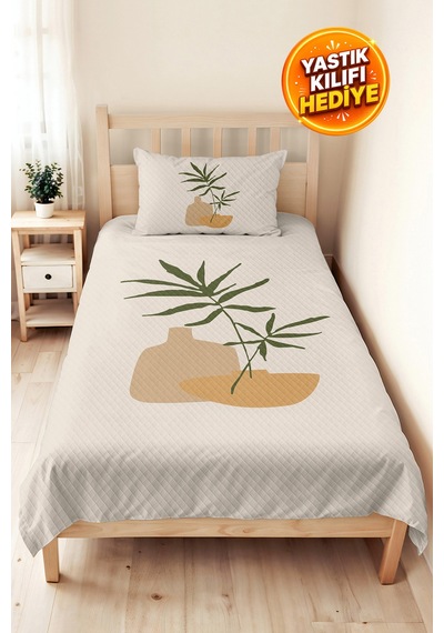 Botanik Yeşil Genç Odası Tek Kişilik Pike Takımı - Minimal Bej 160x220 Cm Kapitone Yatak Örtüsü Kumlu Yün Serinliği