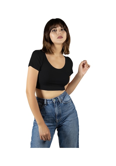 Terapi Men Siyah Havuz Yaka Fitted/vücuda Oturan Kısa Kol Crop Tişört Siyah