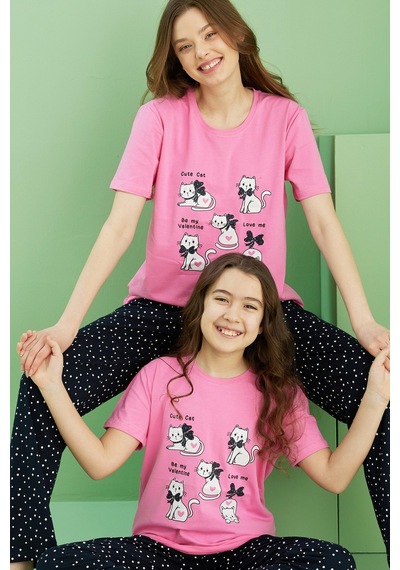 Siyah İnci Pamuklu Bisiklet Yaka Örme Pijama Takım25117061 Pembe