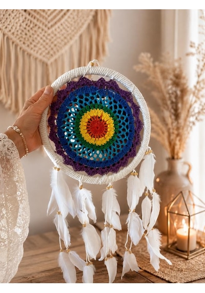 Led Işıklı Dream Catcher Düş Kapanı El Yapımı Bohem Duvar Süsü Renkli Mandala Dekor 22 Cm