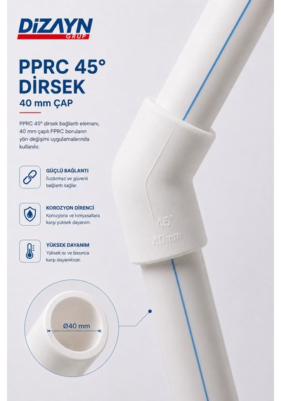 Dizayn Pprc 45 Derece Dirsek 40 Mm 20 Adet Pn25 Temiz Su Tesisat Boru Ek Parçası