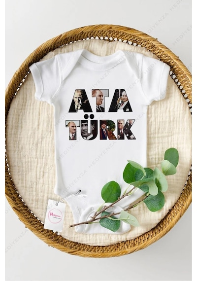 Hediyenza ATATÜRK Resimli Özel Tasarım Bebek Zıbın Pamuklu Çıtçıtlı Body Beyaz