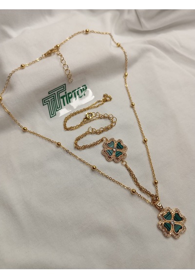Tiptop/ Yeşil Mineli Yonca Model Gold Renk Kolye Ve Şahmeran Set Gold