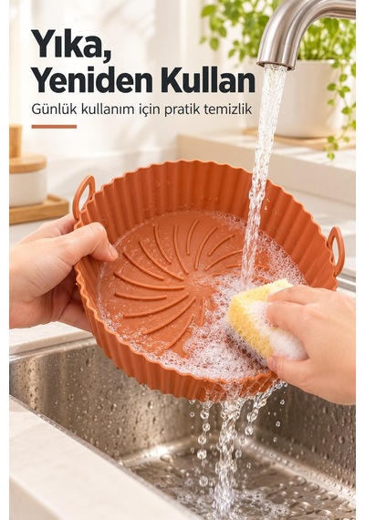 Silikon Airfryer Ve Fırın Pişirme Matı Yuvarlak 20 Cm İki Kulplu Karışık Renk