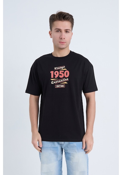 Erkek Oversize Baskılı T-shirt Siyah Vintage 1950 Siyah