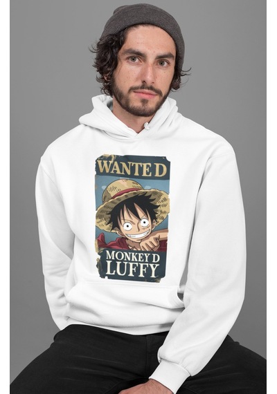Sevbano Wanted Monkey D. Luffy Baskılı Unisex Oversize One Piece Anime Ho beyaz