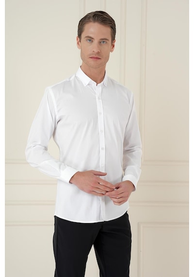 Efor Slim Fit Düğmeli Yaka Esnek Klasik Beyaz Gömlek Gk 746 Beyaz
