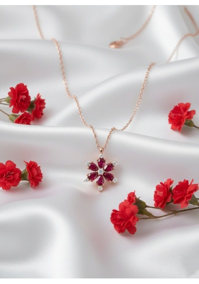 Çekirdekjewelry 925 Ayar Gümüş Ruby Taşlı Kamelya Çiçeği Kolye Rose
