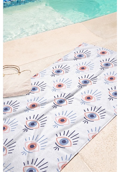 Nazar Göz Motifli Modern Plaj Havlusu - Bohem Minimal Pembe Mavi Hızlı Kuruyan Mikrofiber Havlu Kumlu Kıyısı