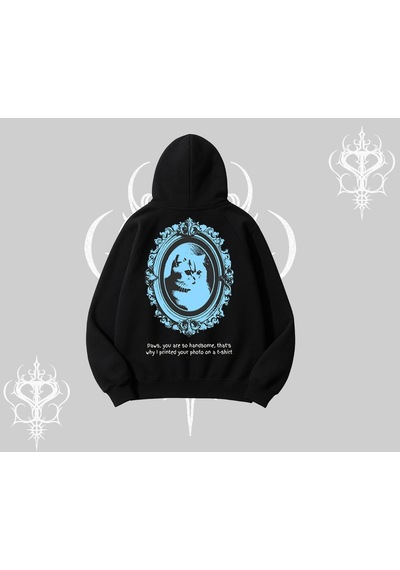 Startmore Çerçeveli Kedi Baskılı Kapşonlu Sweatshirt Siyah