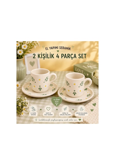 El Yapımı Seramik Türk Kahvesi Fincan Takımı,2 Kişilik-4 Parça Fincan Seti,75 Ml Çok Renkli - Papatya Desen