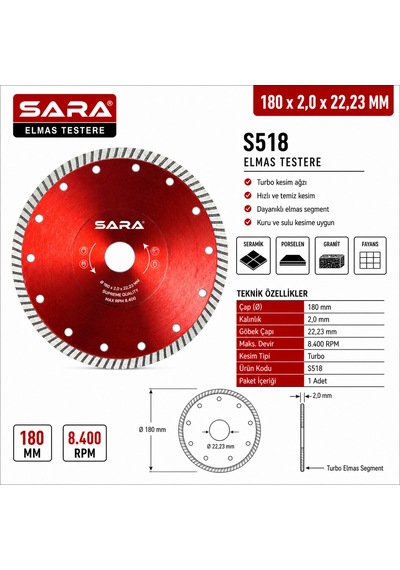 Sara S518 180 Mm Turbo Hassas Mermer Kesme Diski 2,0 22,23 Mm, Maksimum 8.400 Rpm