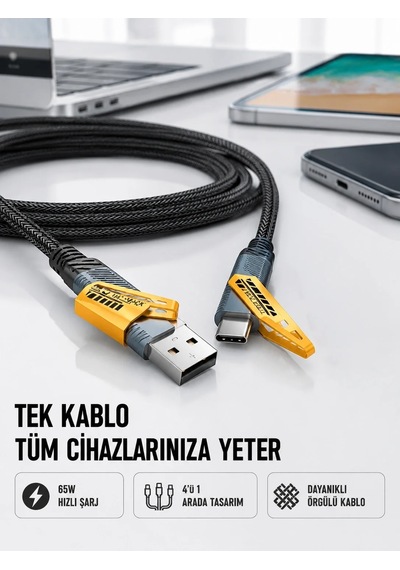 Lbk Örgülü Tasarım 4 Ü 1 Arada Usb-c Lightning Hızlı Şarj Kablosu