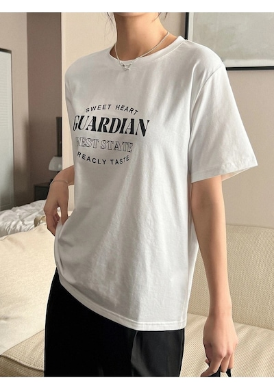 Guardian T-shirt - Beyaz Baskılı Oversize Bisiklet Yaka Kısa Kol Beyaz