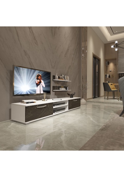 Decoraktiv Eko 4 Mdf Dvd Tv Ünitesi Tv Sehpası Beyaz - Siyah Mermer