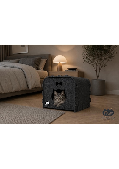 Keçe Kedi Evi Demonte, Yıkanabilir, Taşınabilir Kedi Kulübesi Küp Gri