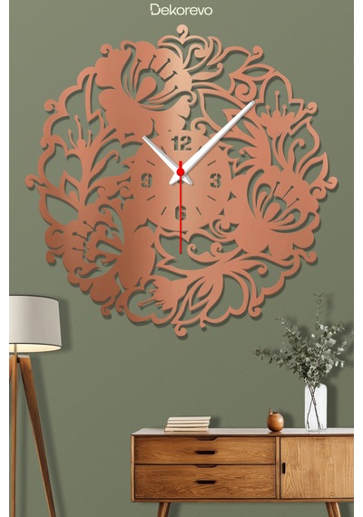 Çiçek Desenli Dekoratif Metal Duvar Saati - Bronz - 50 X 50 Cm