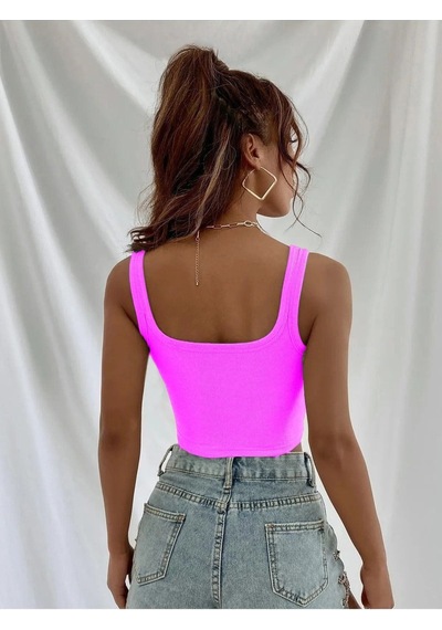 Askılı Fitilli Crop Top Bluz - Fuşya Fuşya Pembe