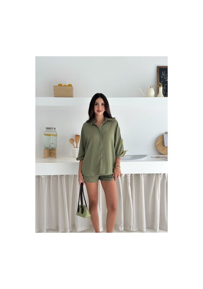 Wellway Keten Kumaş Oversize Gömlek & Şort İkili Takım-haki Haki