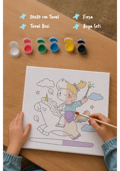 Unicorn Prenses Boyama Tuvali Şövalesiz Boya Seti 20x20