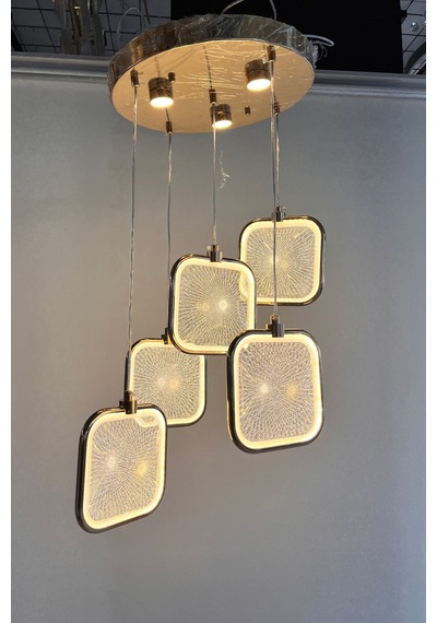 Modern Gold Çerçeveli Özel Dokulu Akrilik 5'li Led Sarkıt Avize Gold 1