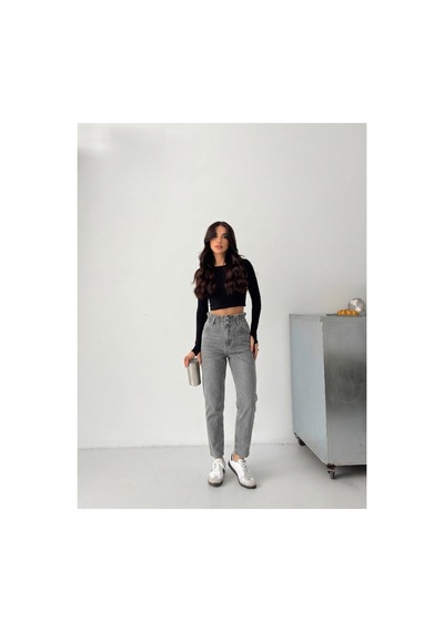 Kene Jeans Gri Kemer Büzgülü Çift Düğme Mom Kot Pantolon Gri