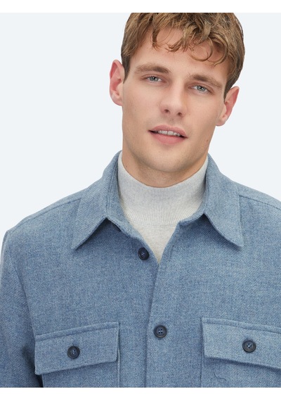 Kip Mavi Düz Regular Fit Uzun Dokuma Yün Karışımlı Overshirt
