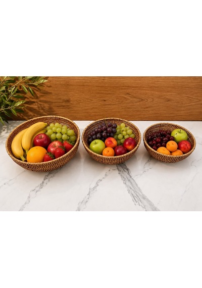 Morponi 3'lü Set Rattan Yuvarlak Çok Amaçlı Sepet - Mutfak Meyvelik & Banyo Organizer Düzenleyici Shr328 Sarı