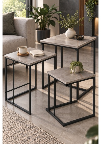 Sulorahome 3'lü Kare Zigon Sehpa Seti Gri Mermer Desenli Metal Ayaklı Açık Gri