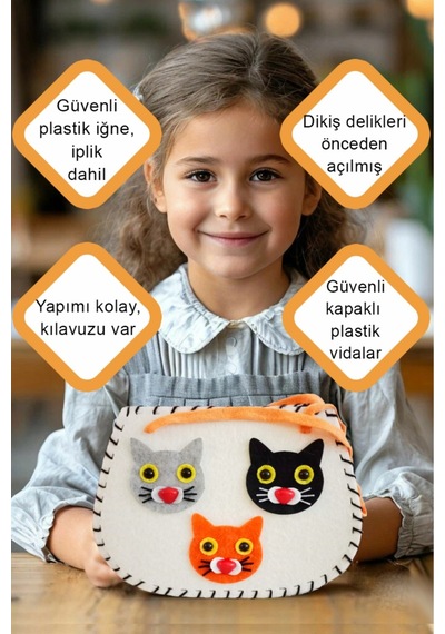 Keçe Dikiş Seti , Kedili Keçe Çanta, Kendin Yap Çocuk Çantası