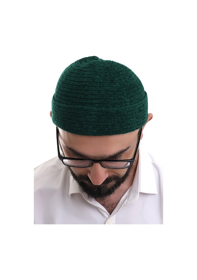 Yeşil Katlamalı Sade Desen Kışlık Kadife Takke Şapka