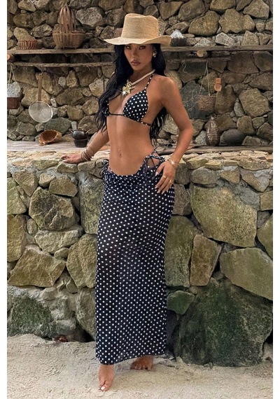 Bella Notte Puantiye Desenli 3 Parça Plaj Kombini Bikini Takımı Ve Pareo Siyah