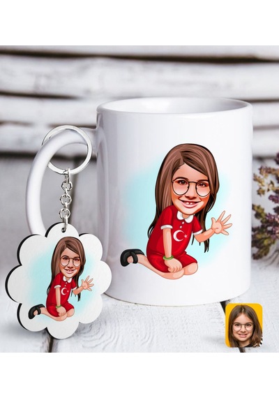 Kişiye Özel Kız Çocuk Karikatürlü Beyaz Kupa Ve Anahtarlık N11.794