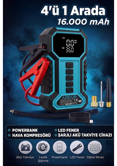 16.000 Mah Taşıma Çantalı Akü Takviye Cihazı Hava Kompresörü Powerbank Led Işık -3251