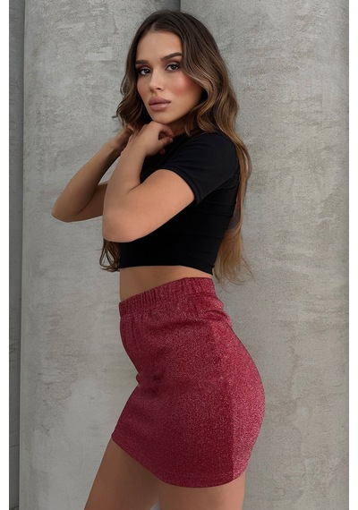 Lesa Wear Yüksel Bel Simli Mini Kalem Etek Bordo