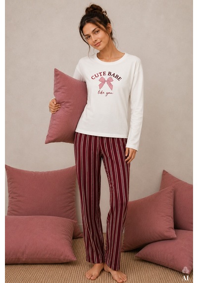 Koza İç Giyim Kadın Pamuklu Çizgili Desenli Baskılı Uzun Kollu Pijama Takımı Kk70655 Bordo - Ekru