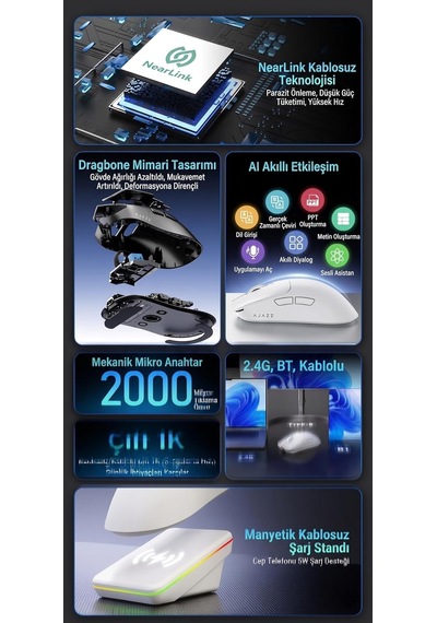 Ajazz Kablosuz Oyuncu Mouse 24000 Dpı 1000hz Bluetooth 2.4g Type C Aı Akıllı Etkileşim Manyetik Şarj Standı 300mah Genel Ajazz Kablosuz Oyuncu Mouse 24000 Dpı 1000hz Bluetooth 2.4g Type C Aı Akıllı Etkileşim Manyetik Şarj Standı 300mah Genel