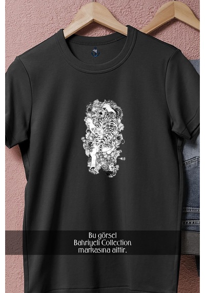 Oversize Çin Beyaz Kaplanı Tasarımlı Unisex T-shirt Siyah