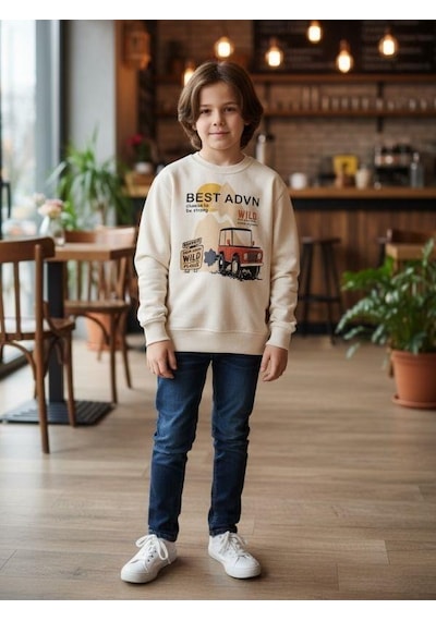 Zekids Erkek Çocuk Pamuklu Best Advn Yazılı İnce Uzun Kollu T-shirt-16342 KREM